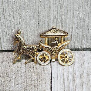 Vintage Golden and Black Horse and Carriage Brooch Moving Wheels Made in Spain